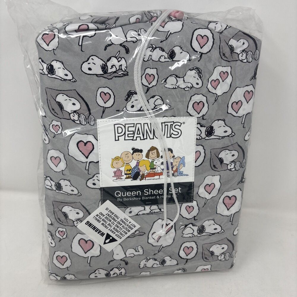 Peanuts Queen Sheet Set Berkshire Dreaming Nap Snoopy Pink Hearts Gray NWT